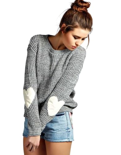 Heart Shirt - shermie Womens Cute Heart Pattern Elbow Patchwork Knitted Sweaters Long Sleeve Crew Neck Casual Pullover A Thin Grey