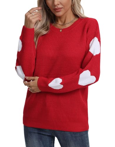 Heart Shirt - shermie Womens Cute Heart Pattern Elbow Patchwork Knitted Sweaters Long Sleeve Crew Neck Casual Pullover U-red