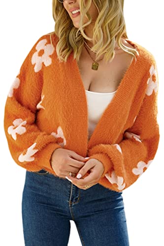 Yellow Cardigan - ECOWISH Women Floral Cropped Cardigan Fall Long Sleeve Open Front Fuzzy Daisy Print Knit Sweaters Casual Y2k Outerwear Orange