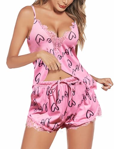 Avidlove Women Pajama Set Lace Trim Short PJ Set Modal V Neck Sleeveless Sleepwear Drawstring Waist Nightwear SXXL Pink Love