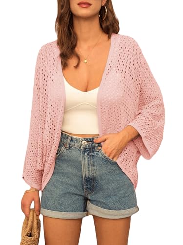 GRACE KARIN Open Front 34 Sleeve Batwing Cardigan for Women Lightweight Crochet Summer Cardigan HollowOut Cover Ups Pink