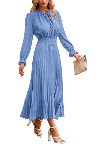 PRETTYGARDEN Womens 2024 Fall Midi Dress Casual Long Sleeve V Neck Swiss Dot Pleated A Line Flowy Dresses Light Blue