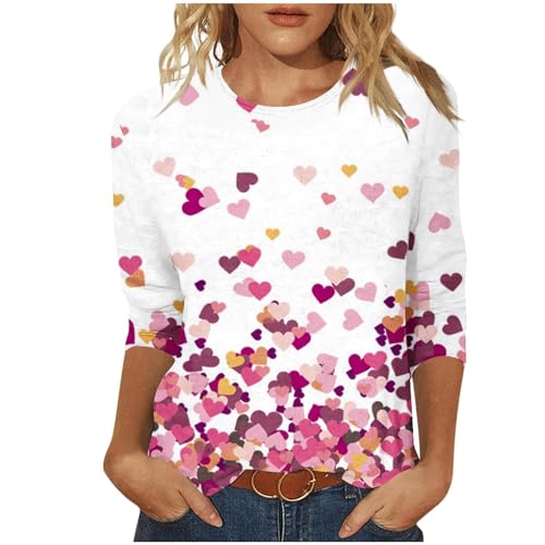 Valentines Day Shirts for Women Aesthetic Cute Love Heart Print TShirt 34 Length Sleeve Tunic Tops Cotton Pullovers 20#pink