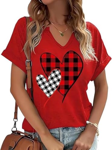 Heart Shirt - Earlymemb Womens Lover Heart Graphic V Neck Shirt Valentines Day Funny Couple Matching Casual Short Sleeve Gift Tee Tops A-red-12