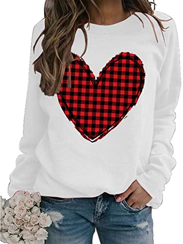 Heart Shirt - Valentines Day Crewneck Pullover Shirts Women Long Sleeve Love Heart Sweatshirts Graphic Lover Gift Mothers Day 01 White Plaid Heart