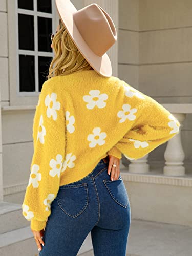 Yellow Cardigan - ECOWISH Women Floral Cropped Cardigan Fall Long Sleeve Open Front Fuzzy Daisy Print Knit Sweaters Casual Y2k Outerwear