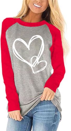 Heart Shirt - Womens Love Heart Raglans TShirts Casual Long Sleeve Valentines Day Graphic Tees Tops 1012-red 4