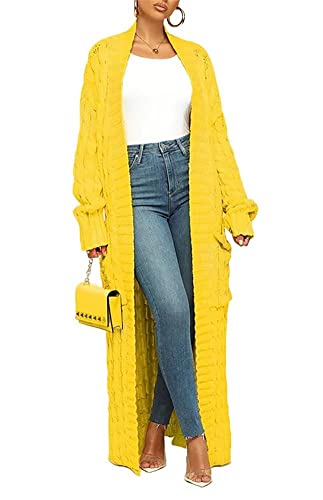 Long Sweaters for Women Cardigan Open Front Long Sleeve Plus Size Chunky Cable Knit Duster Cardigans with Pockets Winter Coat Yellow