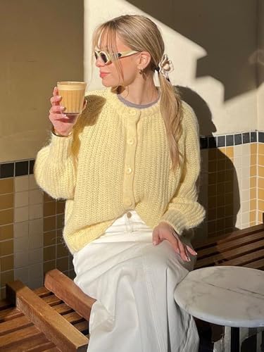 Yellow Cardigan - YKR Womens Fall Cardigan Sweater Long Sleeve Chunky Knit Open Front Button Loose Casual Cardigan Coat