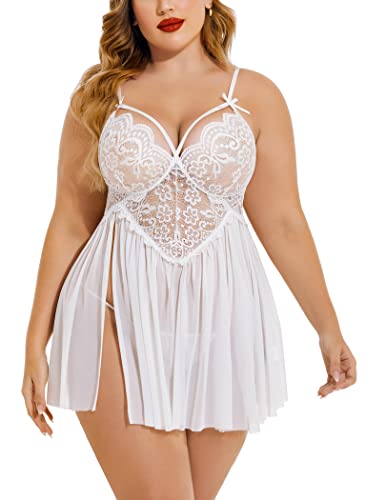 Valentine's Day - Plus Size Lingerie Lace Babydoll Womens Strap Chemise Nightgown V Neck Nighty Mesh Sleepwear Side Slit Nightdress A-white