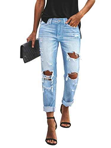 Rfm Jeans - KUNMI Womens Ripped Mid Waisted Boyfriend Jeans Loose Fit Distressed Stretchy Denim Pants