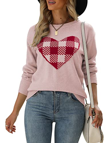 Heart Shirt - shermie Womens Pullover Sweaters Long Sleeve Crew Neck Cute Heart Knitted Casual Sweater B 8176 Pink