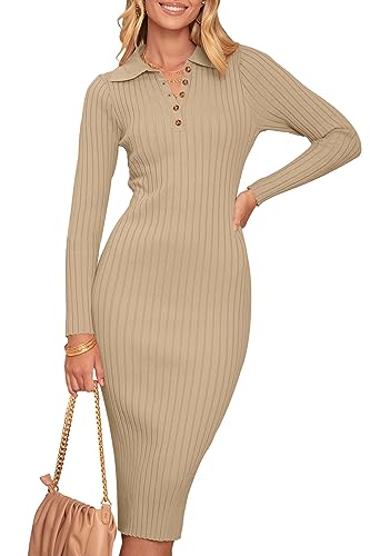 Christmas Green Dress - MEROKEETY Womens 2024 V Neck Ribbed Sweater Dress Long Sleeve Bodycon Knit Midi Dresses Khaki