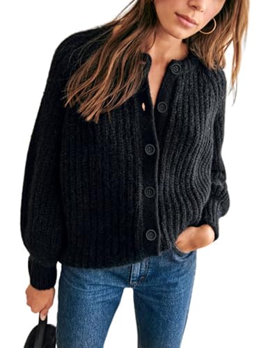 Bianstore Womens Casual Long Sleeve Crewneck Button Down Cardigan Sweater Knit Outwear Black