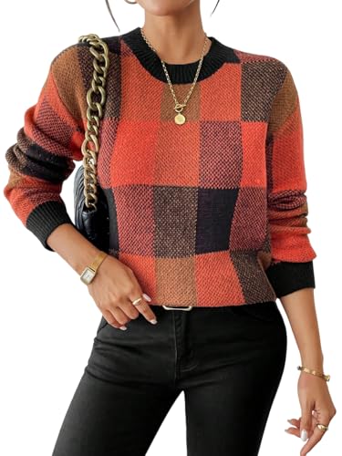 Orange and White Checkered Sweater - GORGLITTER Womens Argyle Checkered Sweater Plaid Long Sleeve Fall Knit Sweater Pullover Tops Deep Orange