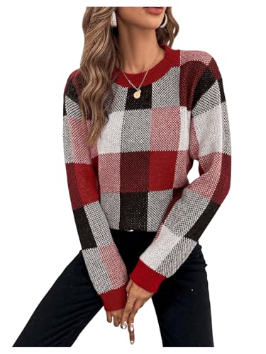 Orange and White Checkered Sweater - GORGLITTER Womens Argyle Checkered Sweater Plaid Long Sleeve Fall Knit Sweater Pullover Tops Burgundy