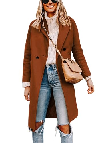 Blue Coat - Tanming Womens Notch Lapel Double Breasted Wool Blend Mid Long Pea Trench Coat Caramel