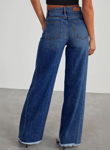 Mom Jeans - Sidefeel Womens Wide Leg Jeans High Waisted Strechy Raw Hem Denim Pants