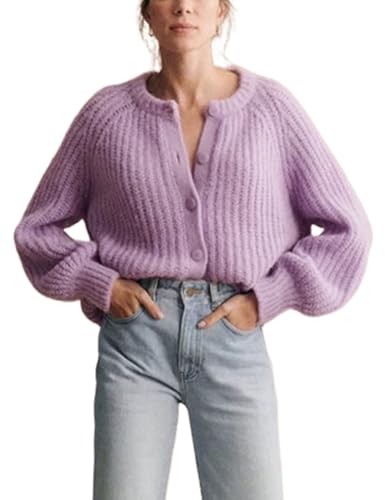 Bianstore Womens Casual Long Sleeve Crewneck Button Down Cardigan Sweater Knit Outwear Purple