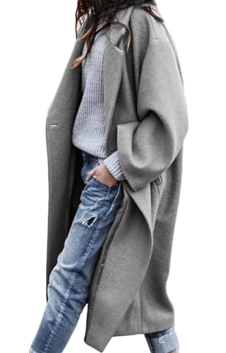 Blue Coat - CHARTOU Womens Oversized Notched Collar Wool Blend Single Breast Midi Long Trench Coat Grey