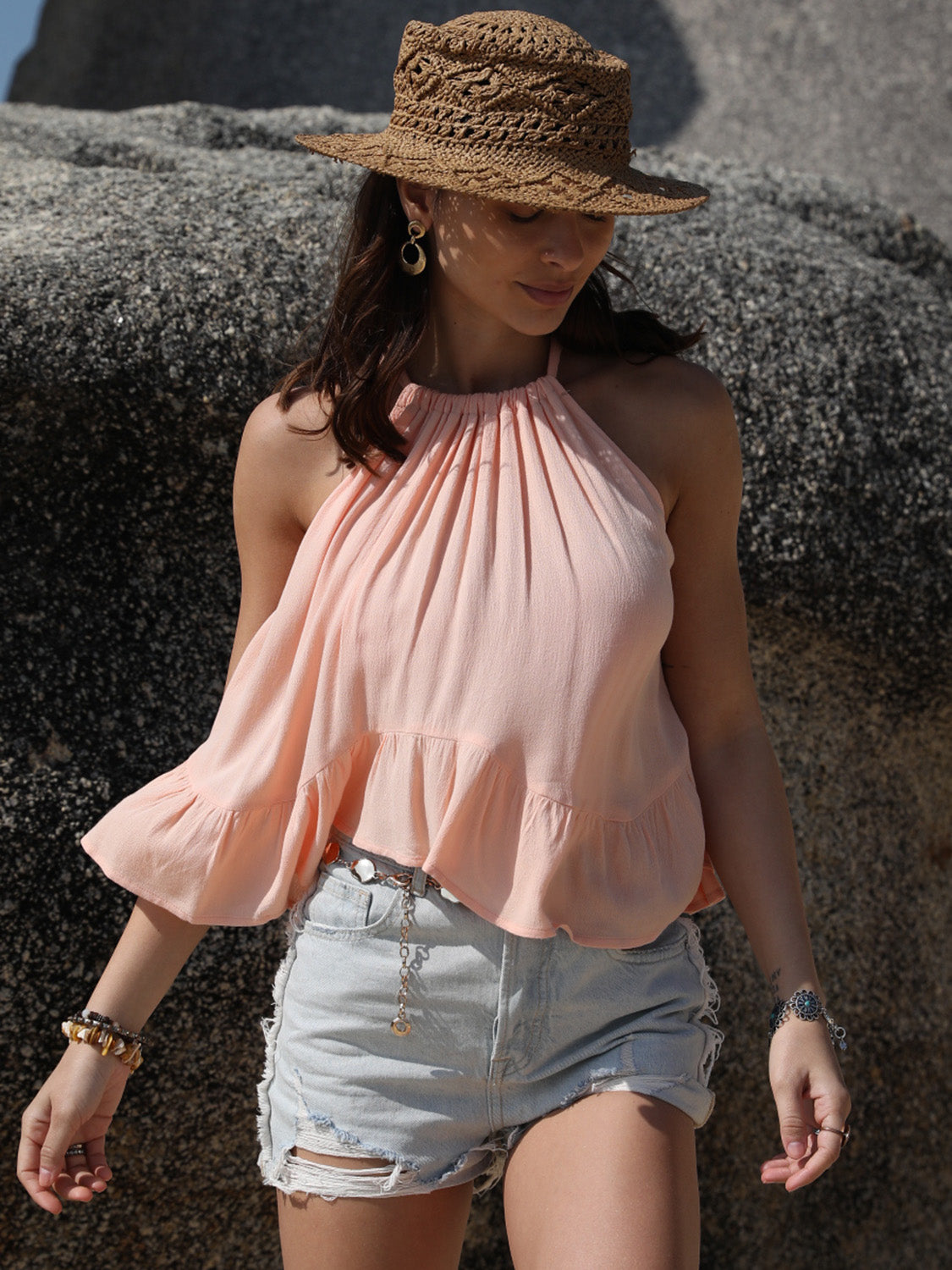 Ruched Peplum Round Neck Tank Blush Pink