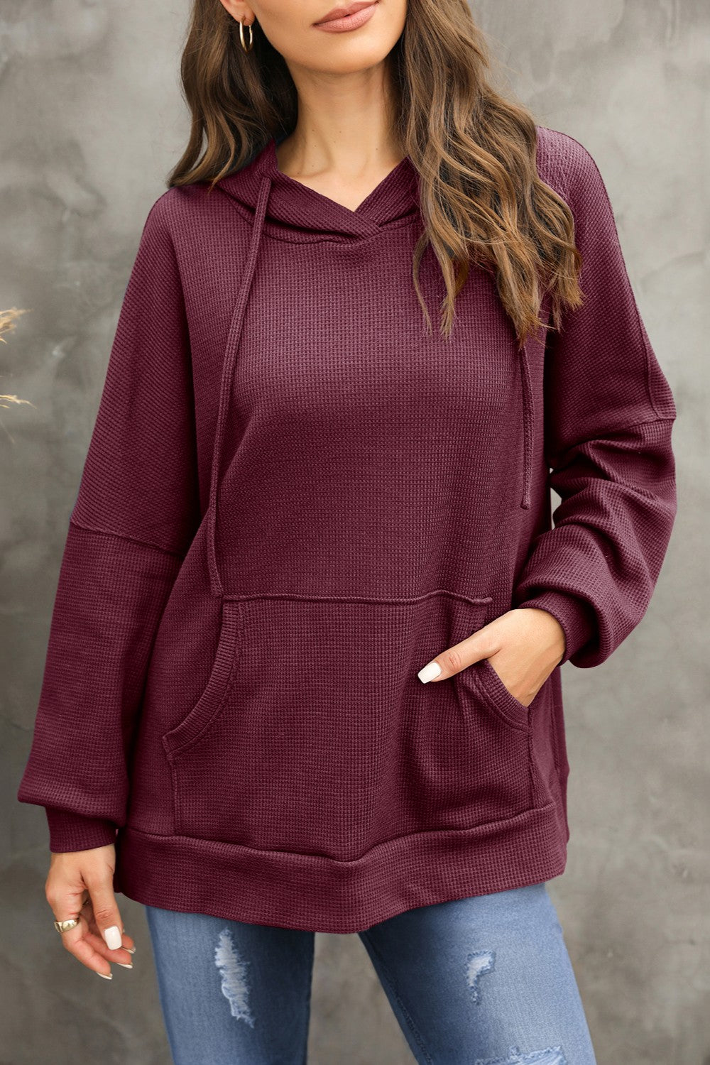 Cozy Waffle Knit Back-to-School Hoodie Burgundy