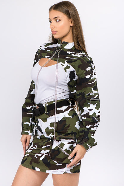 Women's Camouflage Crop Jacket with Chain Detail