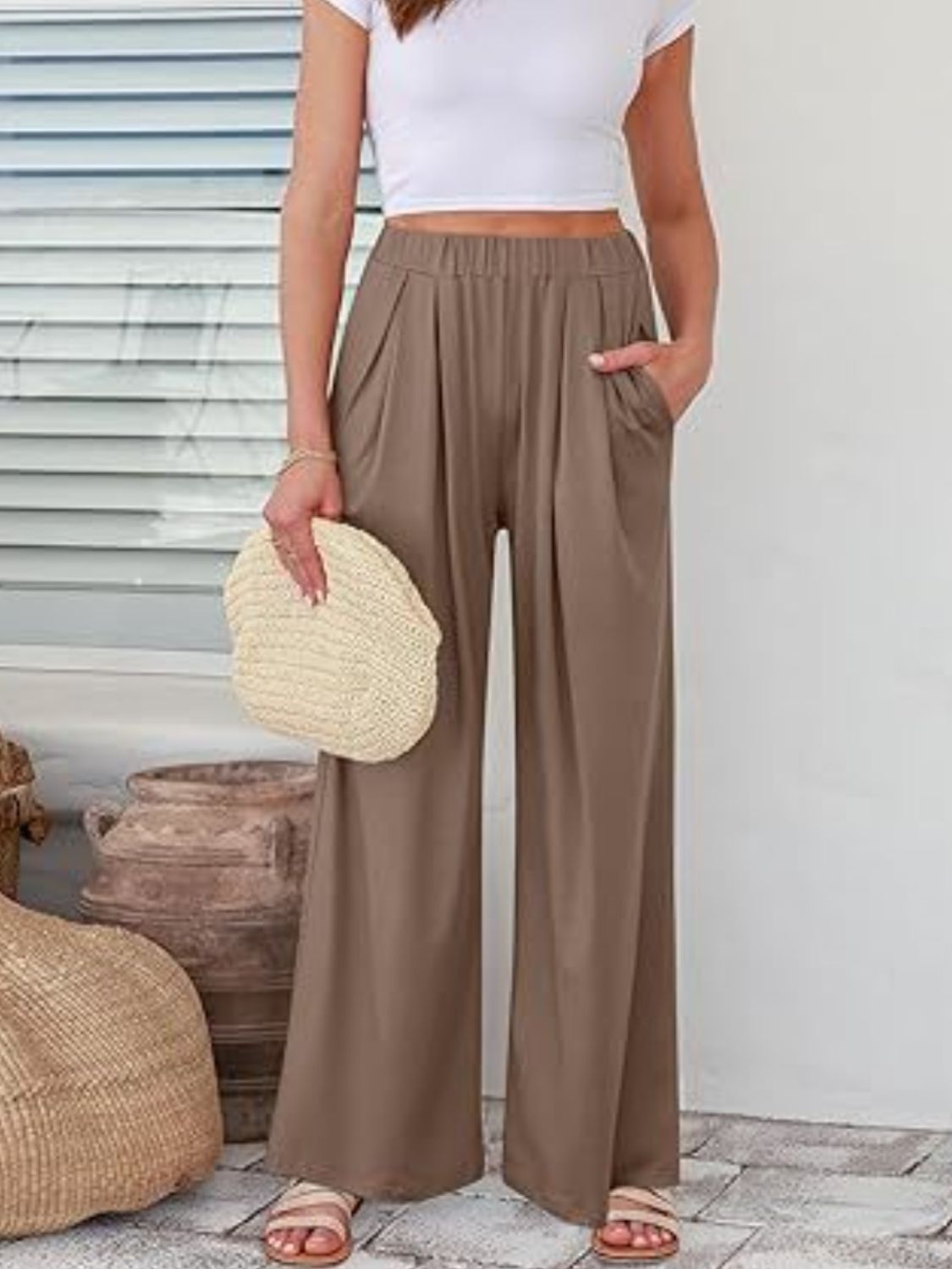 Elastic Waist Wide Leg Pants Taupe