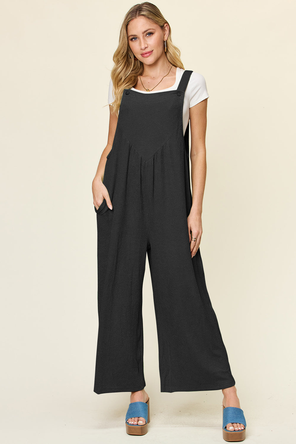 Textured Long Sleeveless Wide Leg Jumpsuit Black