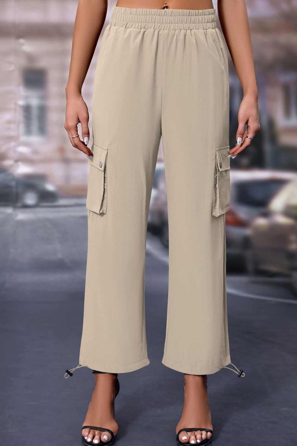 Elastic Waist Pants with Pockets Tan