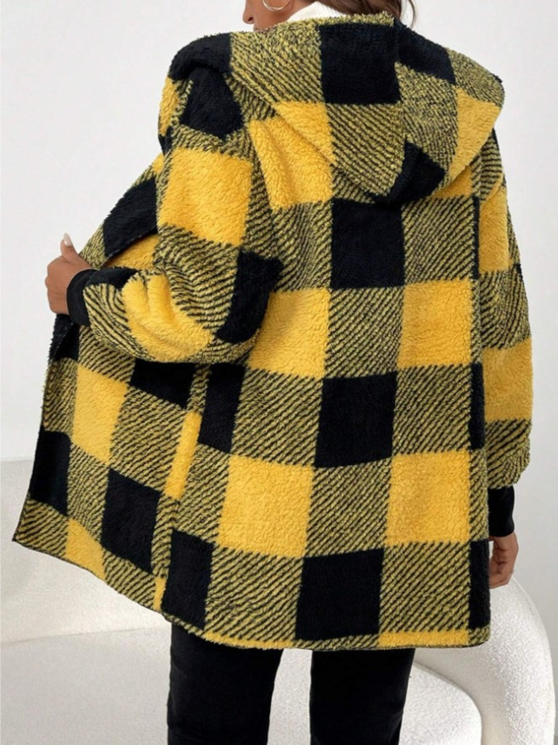 Plaid Long Sleeve Hooded Coat Yellow