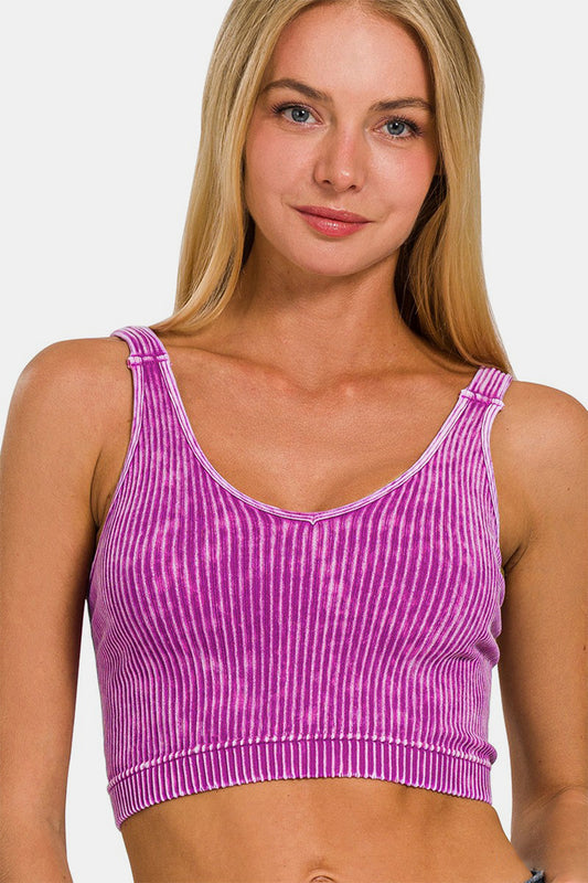 Zenana Washed Ribbed Cropped V-Neck Tank Lt Plum