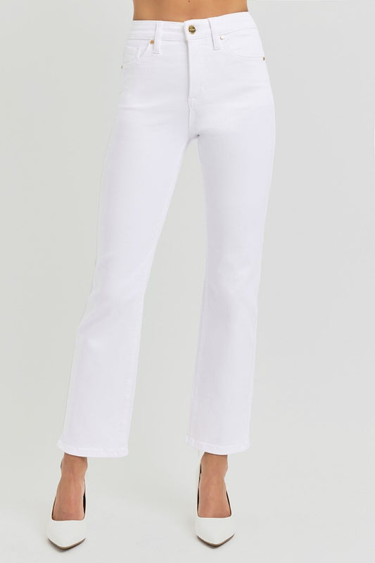 RISEN Full Size Tummy Control Elastic Band High Rise Crop Straight Jeans White