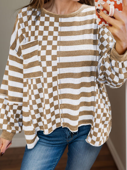 Checker & Stripes Round Neck Long Sleeve Blouse Camel