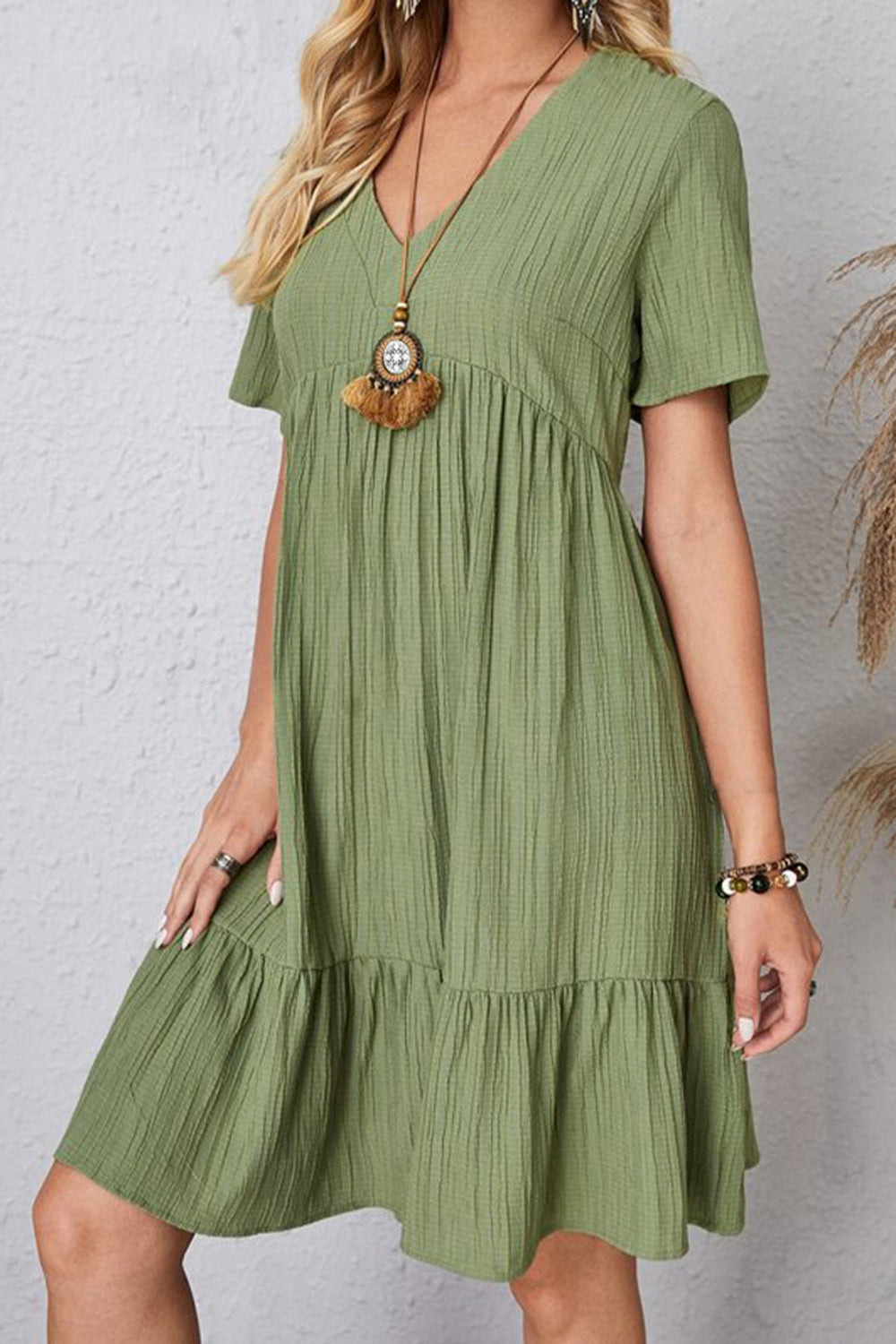 Ruched V-Neck Summer Dress Matcha Green
