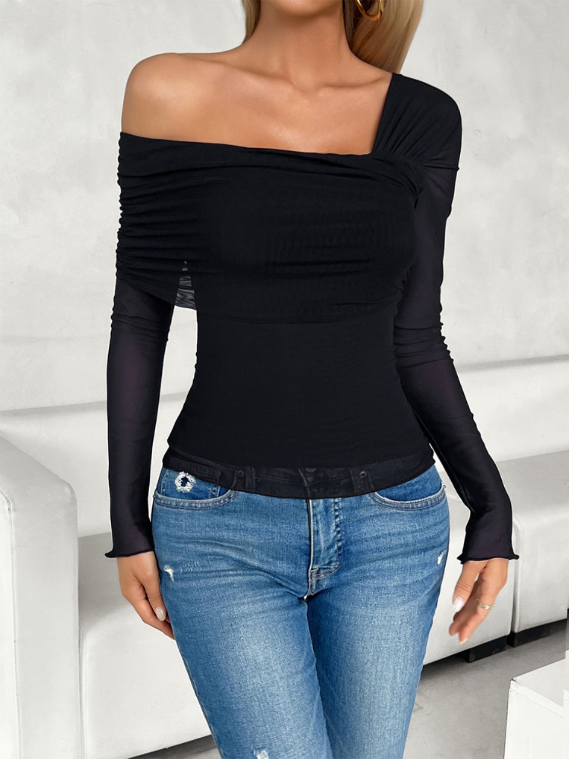 Ruched Asymmetrical Long Sleeve T-Shirt Black