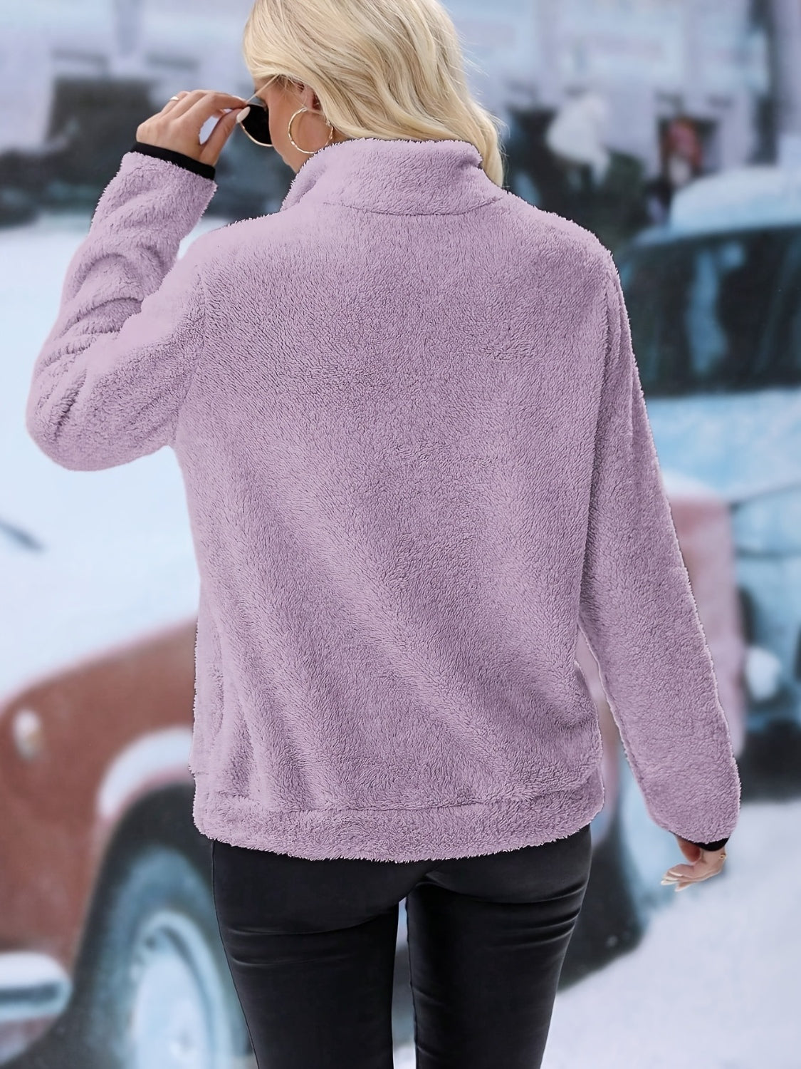 Half Zip Long Sleeve Furry Sweatshirt Pink Purple