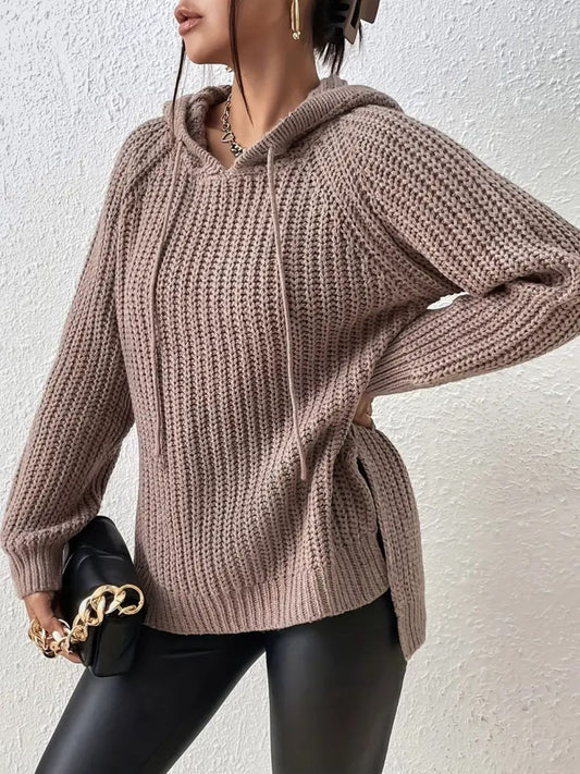 High-Low Side Slit Drawstring Long Sleeve Hooded Sweater Mocha One Size