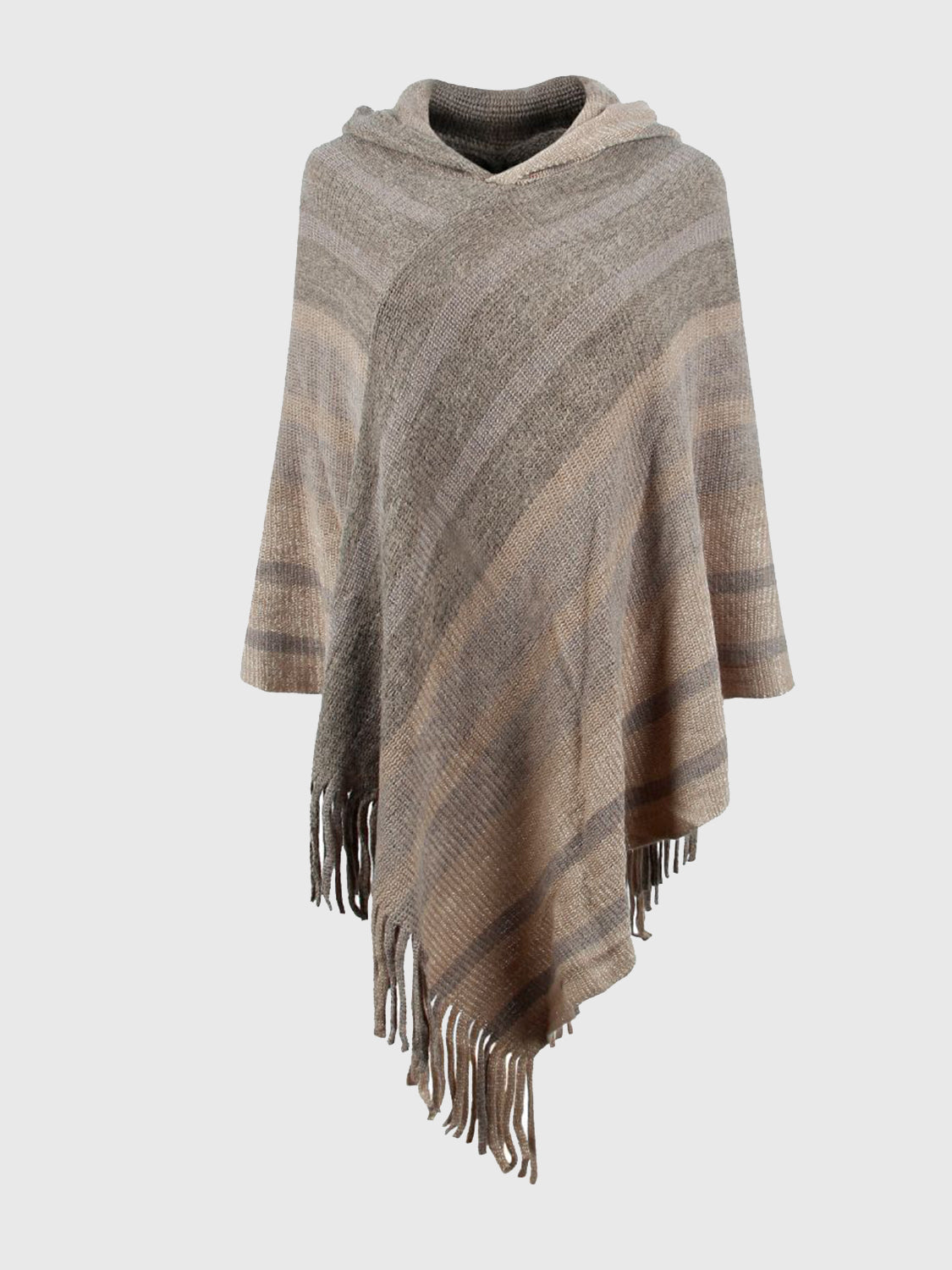 Striped Fringe Hem Hooded Poncho Khaki One Size