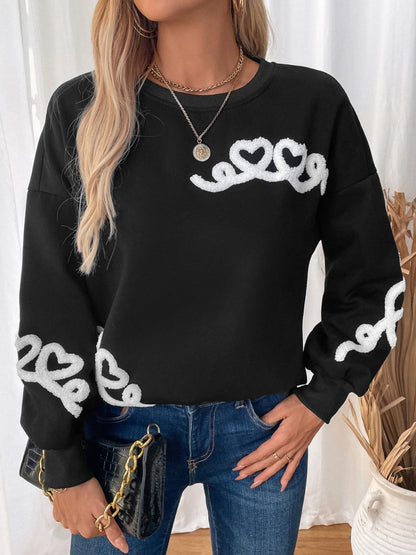 Perfee Heart Round Neck Long Sleeve Sweater