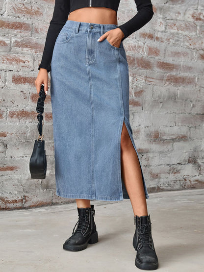 Slit High Waist Denim Skirt with Pockets Dusty Blue