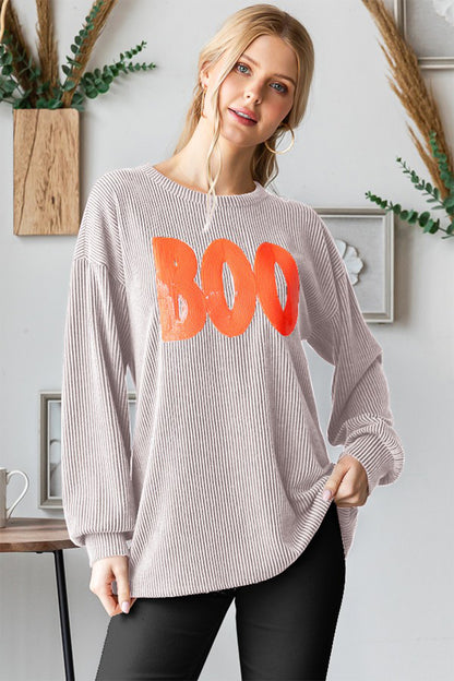 Heimish BOO Round Neck Long Sleeve Ribbed T-Shirt Oatmeal