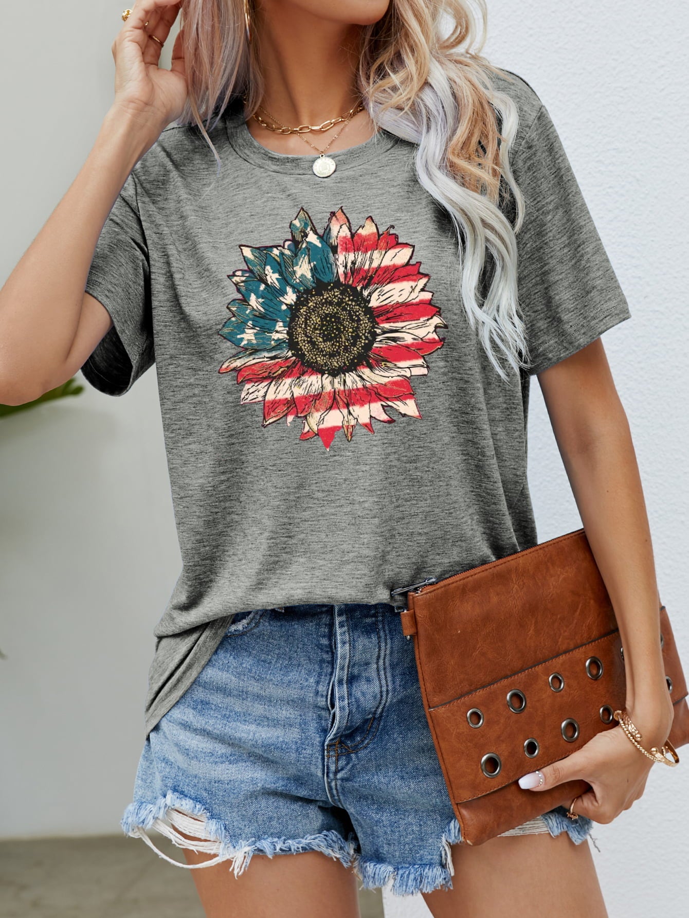 US Flag Flower Graphic Tee Mid Gray