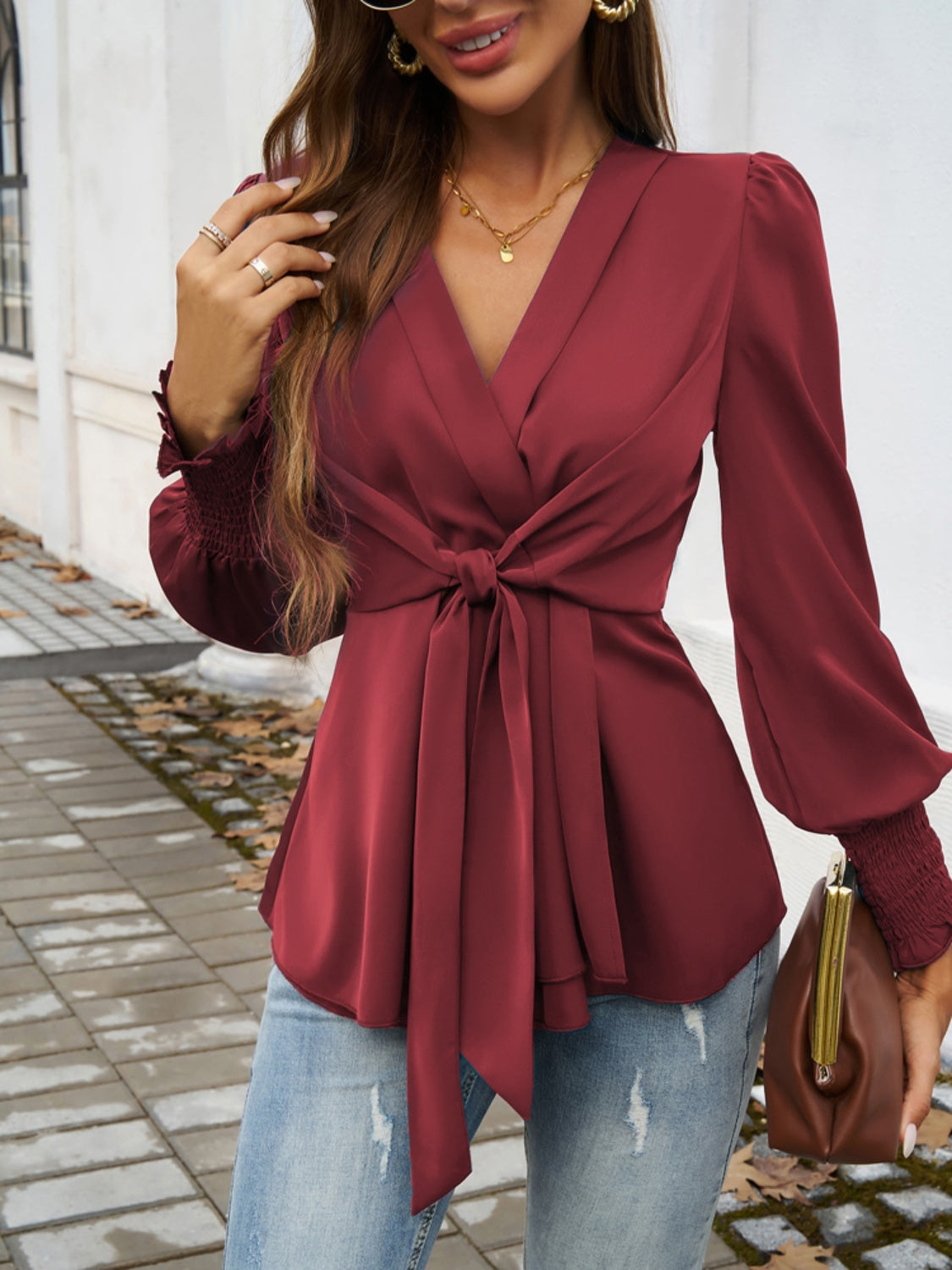 Smocked Surplice Long Sleeve Blouse