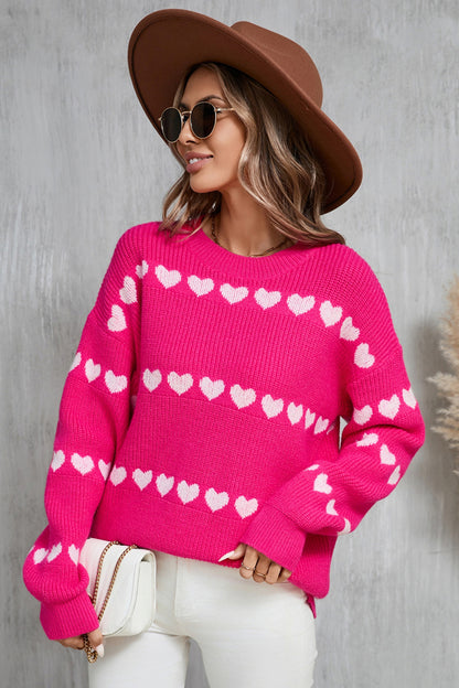 Angel Wings Heart Round Neck Long Sleeve Sweater Hot Pink