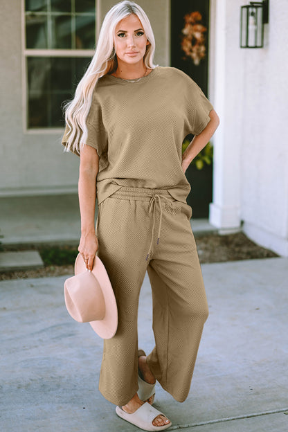 Textured Drawstring Waistband Pants and Top Set