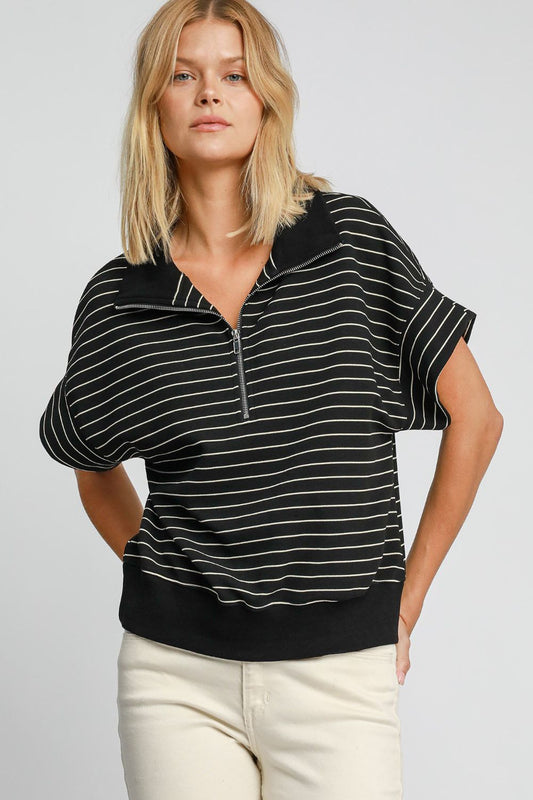 Umgee Striped Half Zip Short Sleeve Sweatshirt Black