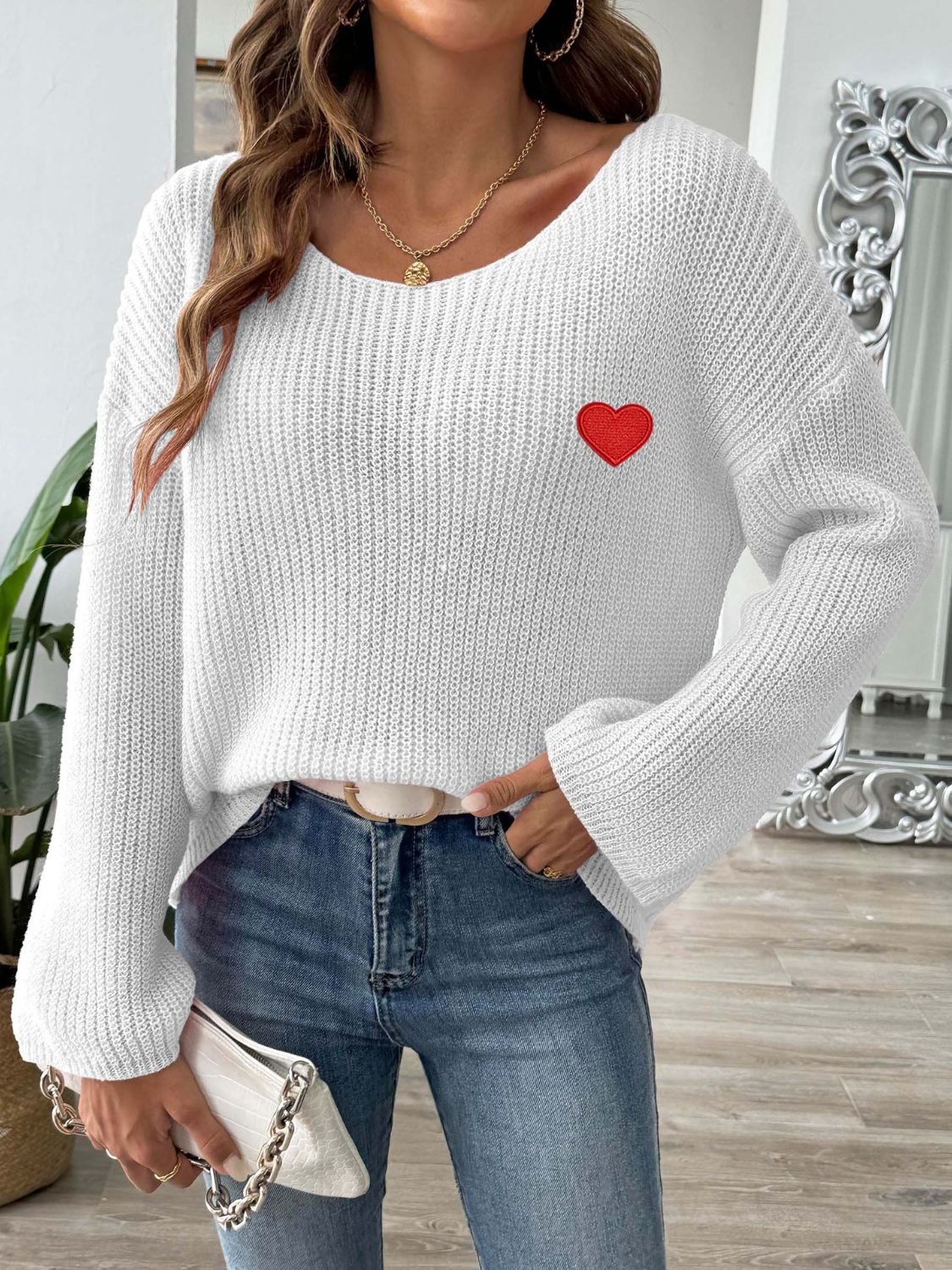 Heart Boat Neck Dropped Shoulder Sweater White