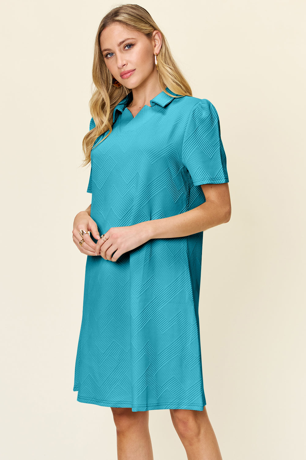 Textured Collared Short Sleeve Dress Pastel Blue