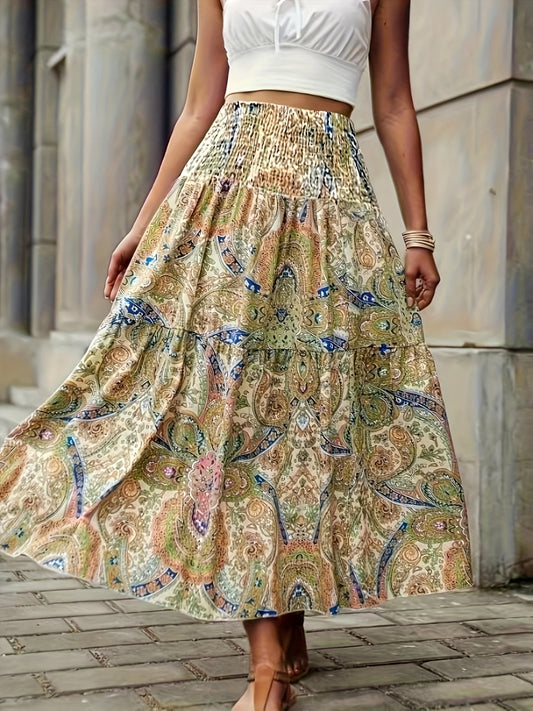 Full Size Tiered Smocked Printed High Waist Skirt Sage
